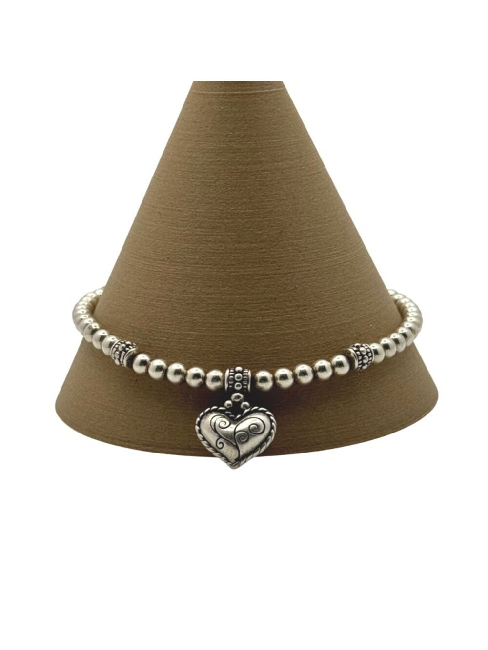 Brighton Meridian Heart Charm Bracelet Silver Beaded Retired 7" 8" Ball Chain 92